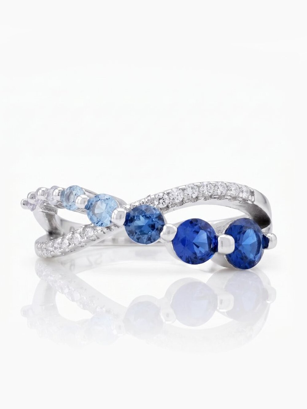 Blue Sapphire Swarovski crystal criss cross ring, 925 Sterling Silver